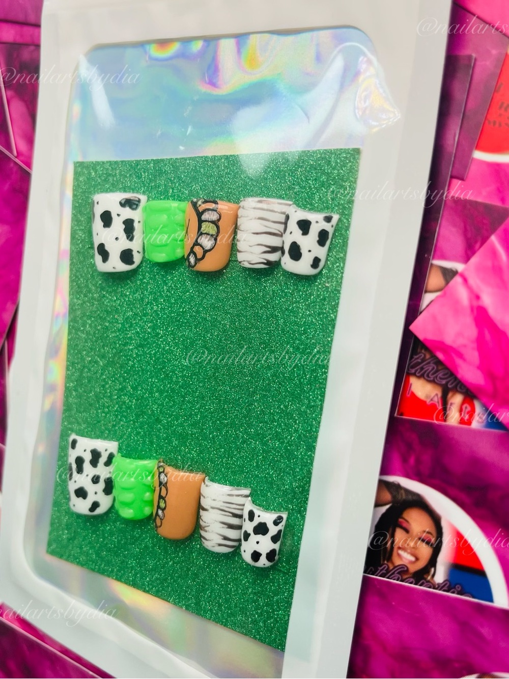 Hand-Painted Press-On Nail Set in Neon Green, Tan & Black-White Prints - Picture 3 of 10